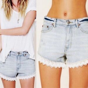 Free People Lace Trim Denim Jean Shorts